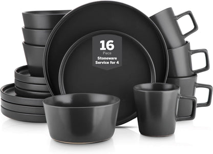Stone Lain Celina Stoneware 16 Piece Dinnerware Set, Plates and Bowls, Black Matte Dish, Service for 4 – Minimalist round Style, Microwave & Dishwasher Safe1