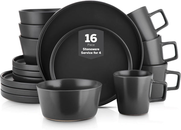 Stone Lain Celina Stoneware 16 Piece Dinnerware Set, Plates and Bowls, Black Matte Dish, Service for 4 – Minimalist round Style, Microwave & Dishwasher Safe1