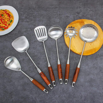 304 Stainless Steel Kitchen Utensils Set with Wood Handle, 6 PCS Metal Cooking Utensils Set, Metal Spoon,Kitchen Essentials, Non-Stick and Heat Resistant, Easy to Clean7