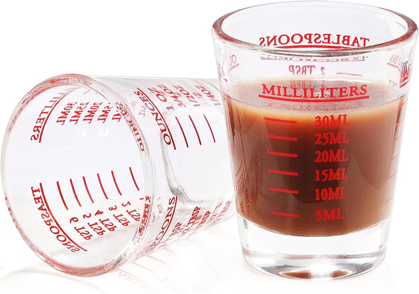 Shot Glass Measuring Cup, 2PCS Measuring Shot Glasses, Thick Base Liquid Measuring Cup for Espresso Shot Glass and Measuring Glasses, Four Different Units of Measure(1 OZ, 2 TBS, 6 TSP, 30 ML)1