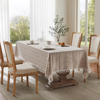 Hemstitched Striped Boho Table Cloth, 54X70 Inch Natural2