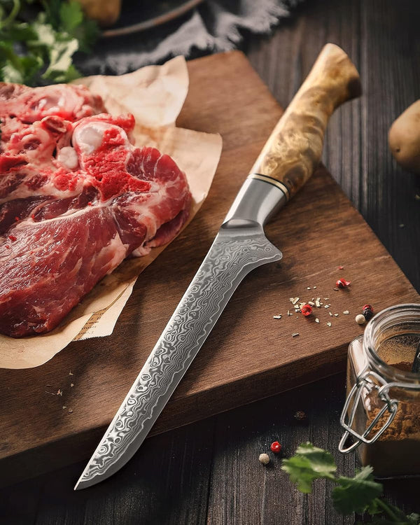 6-Inch Boning Knife – 67 Layers Damascus Steel, Professional Meat Trimming & Deboning Knife for Home Cooking, Figured Sycamore Handle6