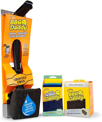 BBQ Daddy Grill Cleaner Kit - Bristle Free Grill Brush with Refill + 2 Steel Scour Daddy Grill Sponges - Built-In Grill Scraper - Temperature Controlled Grill Cleaning Tools (4 Count)1