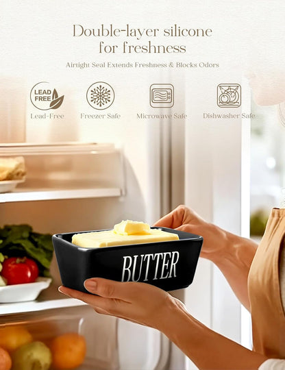 Ceramic Butter Dish with Lid and Knife & Silicone Seal for Countertop Black | Suitable Capacity, Great Sealing, Home Decor Kitchen Gift Housewarming Gift3