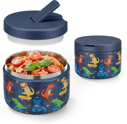 12Oz Insulated Vacuum Food Jar with Buckle Lid Wide Mouth Soup Thermo for Hot Food Kids Leakproof Stainless Steel Lunch Container (Blue-Dinosaur)1