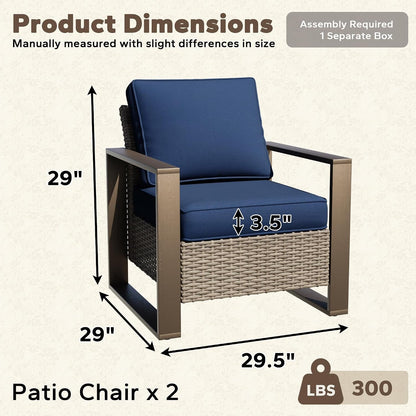 Patio Metal Wicker Chairs Set of 2, All Weather Outdoor Rattan Dining Chairs with Rectangular Framed Wood-Looking Armrest & Fade-Resistant Cushions for Deck Balcony Backyard, Dark Blue2
