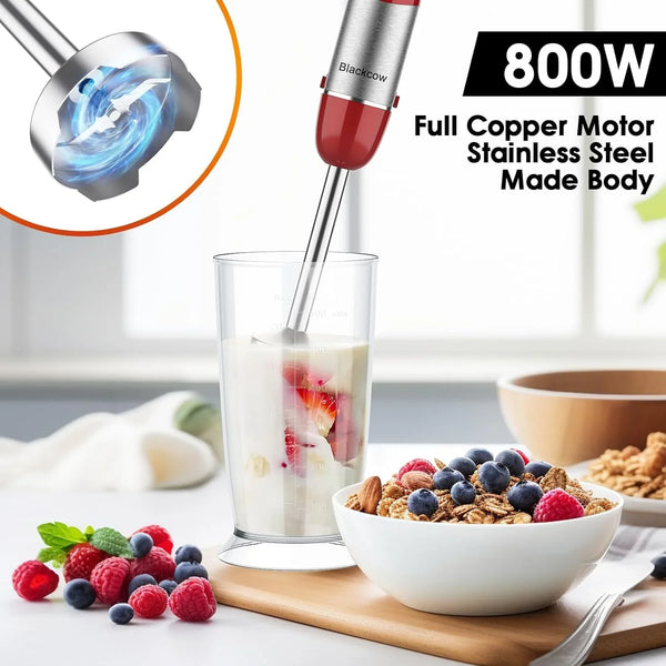 Immersion Blender Handheld, Corded Hand Blenders Set 800W, 12 Speed Stick Blender 5 in 1 Stick Emulsifier with Chopper, Whisk and Frother for Soup, Baby Food and Smoothies, Red2