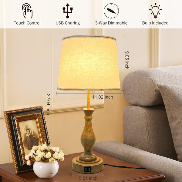 Farmhouse Table Lamp Touch Control 3-Way Dimmable Table Lamp, Modern Nightstand Lamp with 2 USB Port Bedside Desk Lamp with Fabric Shade for Living Room (Pack 1-Beige Shade & Touch)7