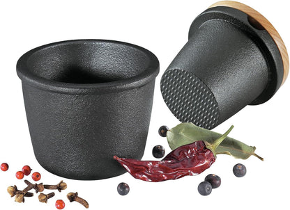 Cast Iron Spice Grinder Set with Beech Wood Lid, Spice Mill, Herb and Seed Grinder, 3 Inches (Black)1