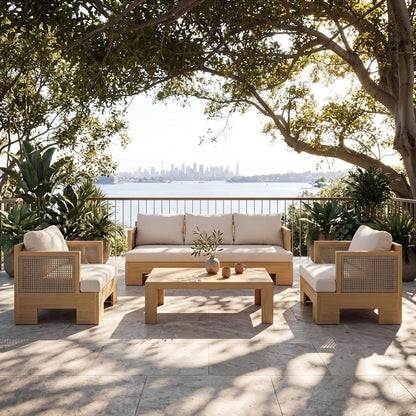 Mason 4 Piece Patio Furniture Set with 3-Seater Sofa, Club Chairs and Coffee Table, 5 Seater Outdoor Acacia Wood Conversation Set, Patio Sofa Set, Light Teak+Light Brown+Beige1