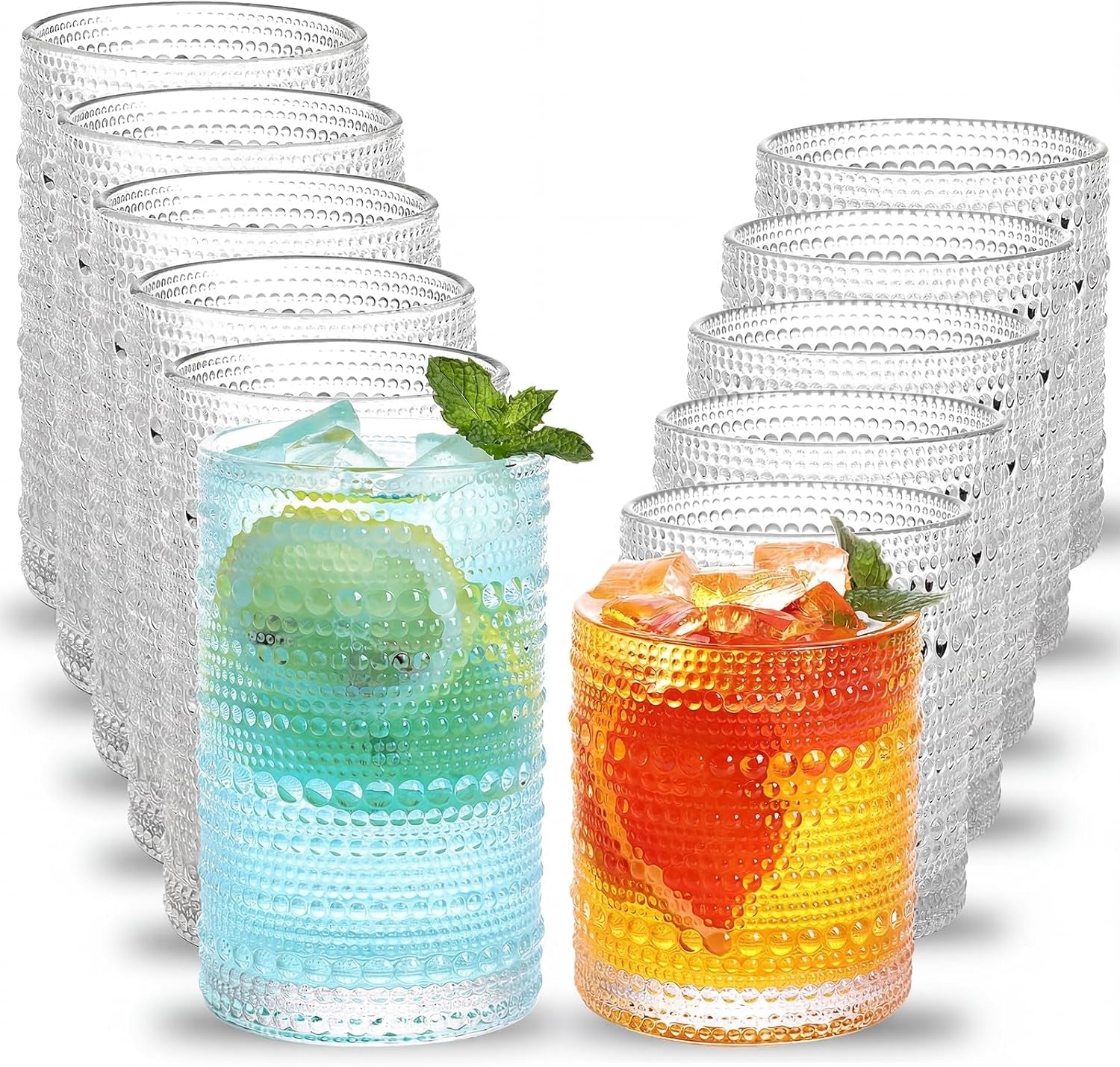 hobnail-drinking-glasses-set-of-12-vintage-water-glass-cups-12-oz-highball-glasses-10-oz-cocktail-glasses-clear-embossed-boho-kitchen-bar-tumbler-for-whiskey-beer-juice-milk