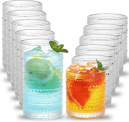 Hobnail Drinking Glasses Set of 12, Vintage Water Glass Cups | 12 Oz Highball Glasses & 10 Oz Cocktail Glasses, Clear Embossed Boho Kitchen Bar Tumbler for Whiskey, Beer, Juice, Milk1