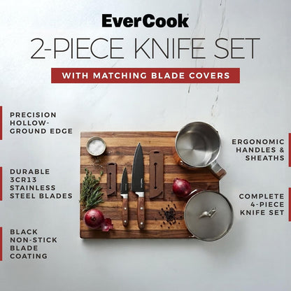 4-Piece Kitchen Knife Set - 6" Chef, 3.5" Paring & 2 Sheaths | Black-Coated Stainless Steel Cutlery, Brown Wood-Pattern Handles, Hollow-Ground Blades, Soft TPR Grip, Comfortable Control2