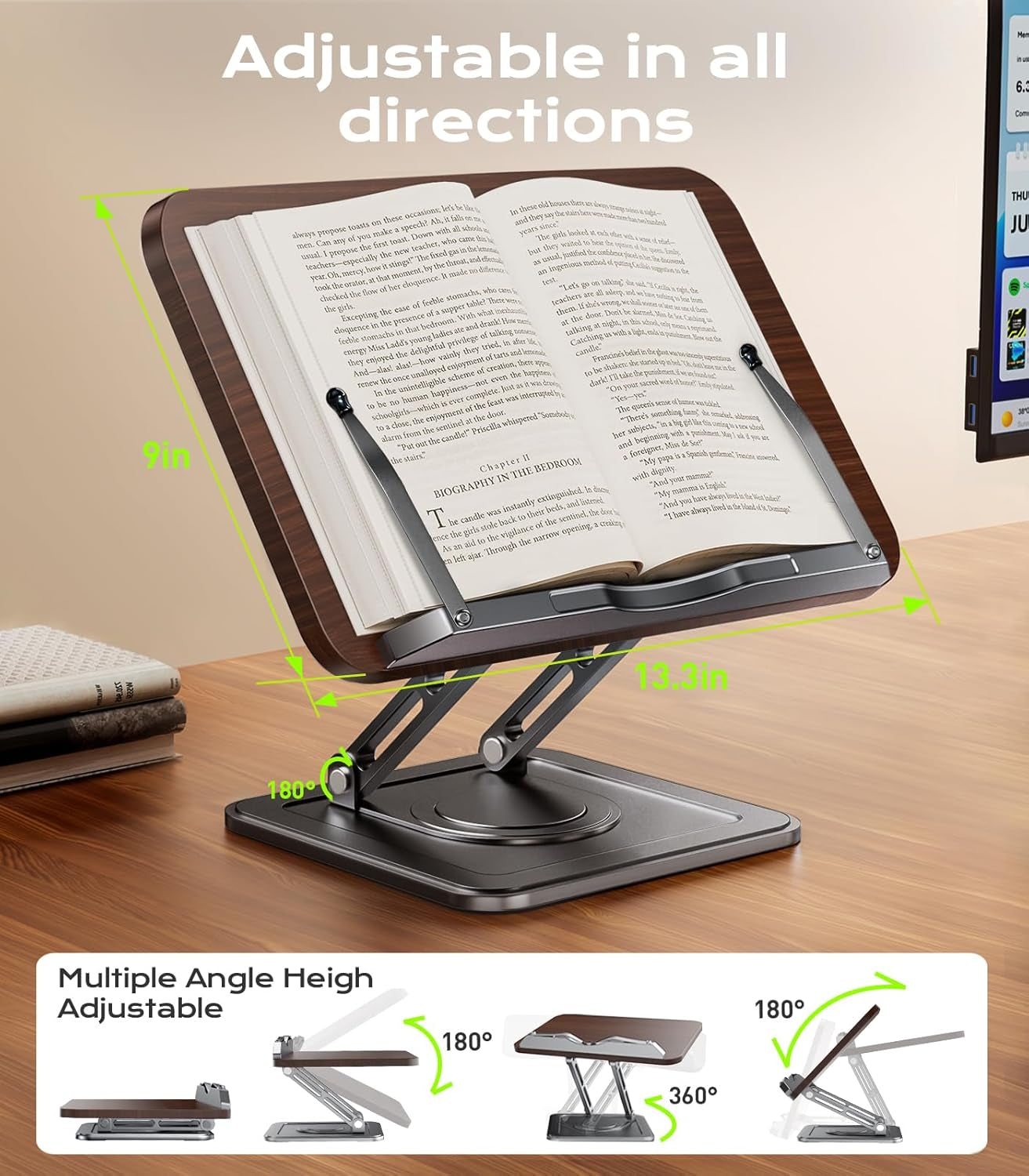 book-stand-for-reading-360-rotating-holder-with-page-clip-ergonomic-adjustable-height-angle-hands-free-anti-slip-base-fits-tablets-cookbooks-magazines-laptops-wood-and-metal-black