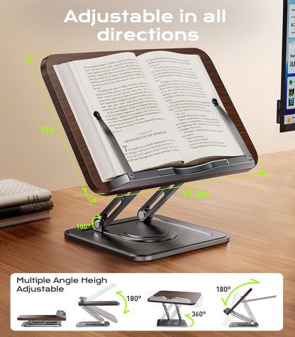 Book Stand for Reading, 360° Rotating Holder with Page Clip, Ergonomic | Adjustable Height Angle, Hands-Free, Anti-Slip Base, Fits Tablets Cookbooks Magazines Laptops, Wood and Metal, Black7