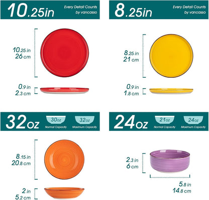 Bonita Dinnerware Sets 24 Pieces, Stoneware Dishes Set for 6, Dinner Platers with Bowls Set, Dinshwasher and Microwave Safe, Multicolor2