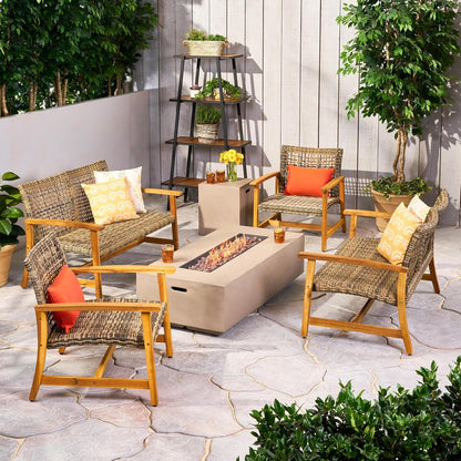 Outdoor 6 Piece Acacia Wood and Wicker Conversation Set with Fire Pit, Gray and Light Gray3