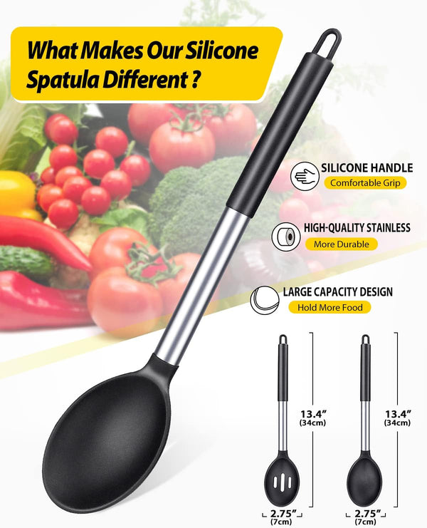 Silicone Cooking Spoons for Nonstick Cookware, 2 Pack, Black2