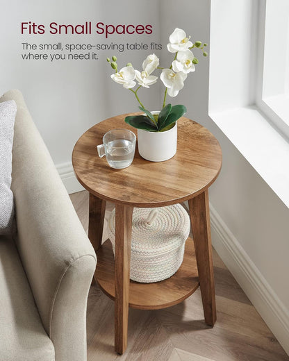 VASAGLE MAEZO Collection - Side Table, 2-Tier Small round End Table, Nightstand with Tapered Legs, Curved Transitions, for Small Spaces, Living Room, Bedroom, Honey Brown ULET283T417