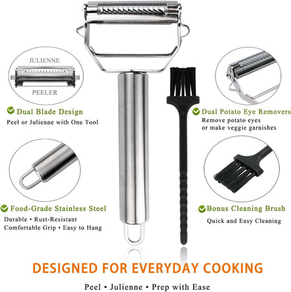 Potato Apple Vegetable Peeler Julienne Peeler for Kitchen - 3 in 1 Y Peeler for Fruit Veggie Carrot Cucumber Zucchini, Sharp Stainless Steel Peeler with Cleaning Brush6