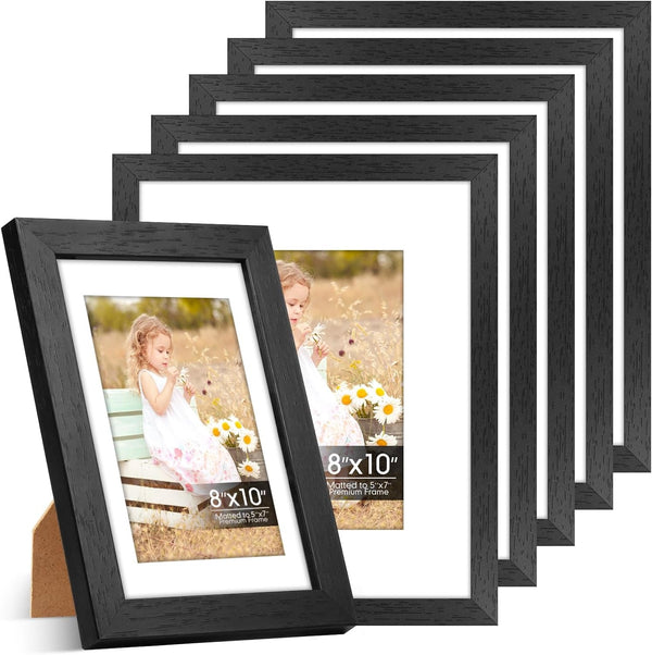 8X10 Picture Frame Set of 6 with Shatter-Resistant HD Plexiglass - Use as 5X7 Frame with Mat or Display 8X10 Photo without Mat - Thin Border Picture Frames for Tabletop Display Black1