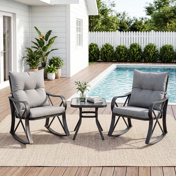 3 Piece Patio Rocking Conversation Set, Outdoor Rocking Chairs with Thick Removable Cushions & Side Table, Bistro Furniture Set for Porch, Balcony, Poolside, Backyard, Grey2