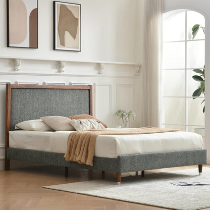 Queen Size Upholstered Platform Bed Frame with Wood Trim Headboard1