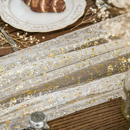 Beige Gold Gauze Table Runner 120 Inch 10FT, Glitter Metallic Foil Sheer Dining Wedding Anniversary Holiday Birthday Table Decor for Home Party3