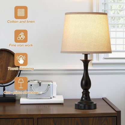Bedside Table Lamp Touch Control Bedroom Lamps with USB a and C Charging Port 3 Way Dimmable Touch Lamps for Nightstand Living Room Bedroom Dorm Home Office Reading, Set of 22