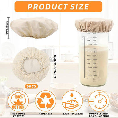 6 Pack Sourdough Starter Jar Covers Cloth - Reusable Linen Covers Cloth for Elastic Sourdough Starter Container, Unbleached Fabric Bread Fermentation Cover for Most 3-4 Inch Glass Mason-Jars2