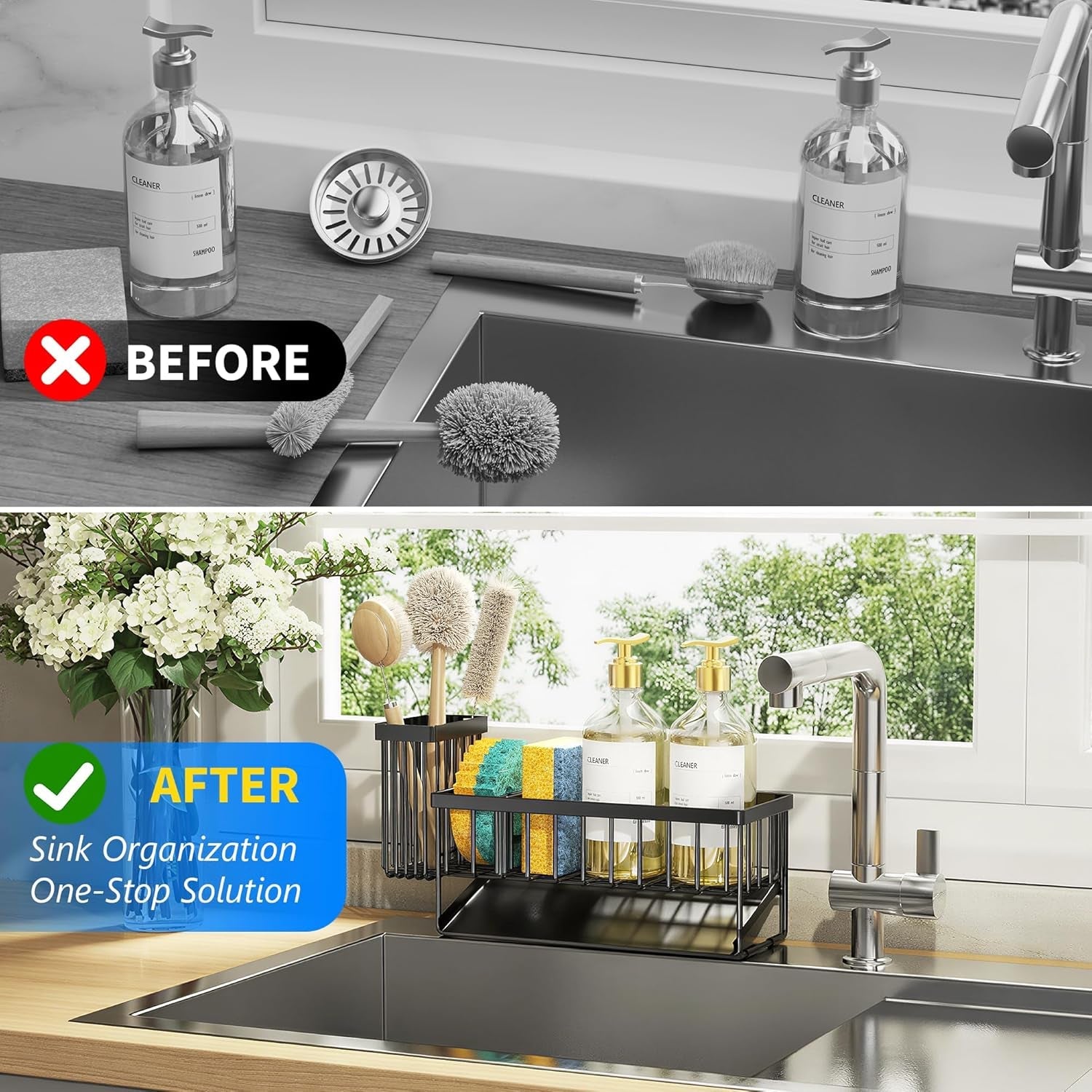 sink-caddy-sponge-holder-for-kitchen-with-brush-holder-and-stainless-steel-self-drain-tray-rustproof-kitchen-sink-organizer-for-sponge-soap-dispenser-storage-accessories