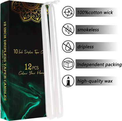 Dripless Taper Candles - Unscented White Candles Bulk - Candle Sticks Long Burning 7.5-8 Hours - for Candlesticks, Dinner Table, Vigil, Advent, Christmas, Thanksgiving, Kwanzaa - 12 Pack,10 Inch Tall6