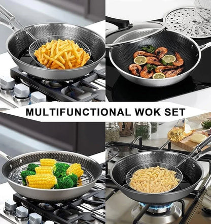 Wok Pan,Honeycomb Stainless Steel Wok Pan with Lid, 13.3 Inch Hybrid Nonstick Stir Fry Pan Flat Bottom, Induction Compatible, Dishwasher Safe, No Seasoning Needed (Serves 3-4)9