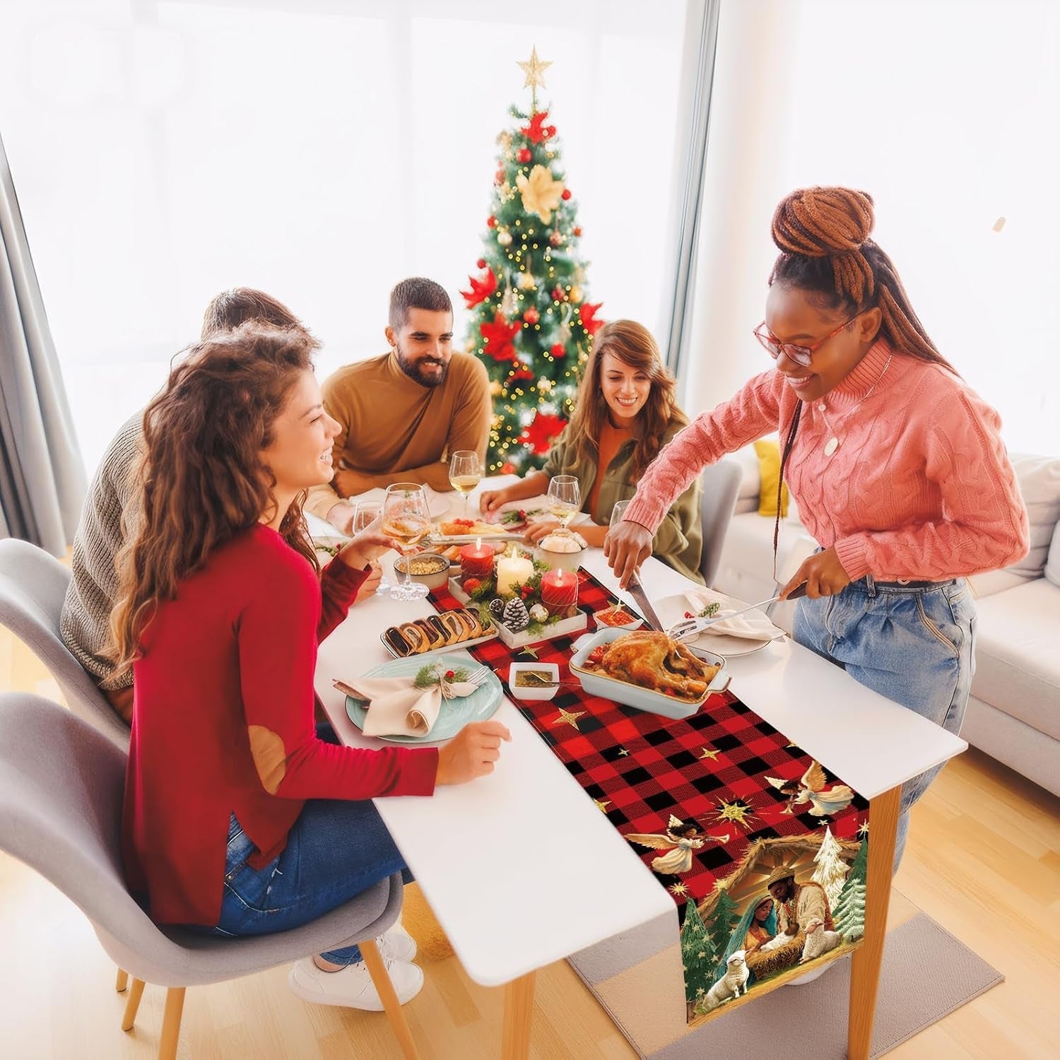 african-american-religious-christmas-table-runner-buffalo-plaid-black-jesus-nativity-scene-table-runner-for-home-decoration-xmas-winter-holiday-kitchen-decor-13-x-72