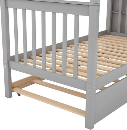 Twin-Over-Twin Bunk Bed with Trundle and Storage Staircase, Solid Wood 3 in 1 Twin Size Stairway Bunk Bed with Trundle, Grey8
