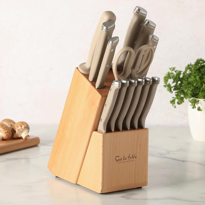 Sur La Table Kitchen Essentials Knife Set with Block, 14-Piece Forged German Steel Kitchen Knives, Beech Wood Block, Chef, Santoku, Bread & Steak Knives, Shears & Sharpener - Taupe3