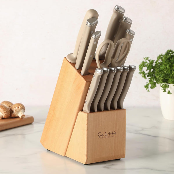 Sur La Table Kitchen Essentials Knife Set with Block, 14-Piece Forged German Steel Kitchen Knives, Beech Wood Block, Chef, Santoku, Bread & Steak Knives, Shears & Sharpener - Taupe3