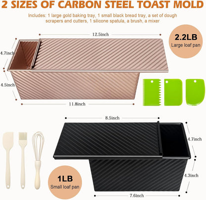 Pullman Loaf Pan with Lid, 2 Pack 2.2 LB & 1 LB Dough Capacity, Non-Stick Carbon Steel Bread Pan for Sandwich Bread and Sourdough Loaves, Square Toast Mold with Baking Tools, Gift-Ready Packaging2