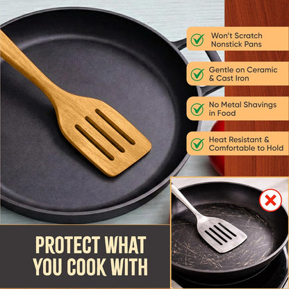 Wooden Utensil Set 10 Pcs + Hooks - Natural Teak Wood Cooking Spoons - Heat & Scratch Resistant Cooking Utensils with Spoon Rest & Hanging Hooks2