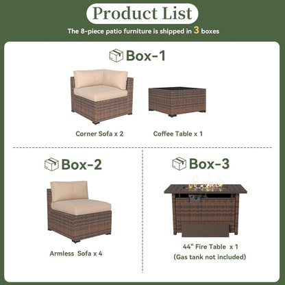 8 Piece Patio Furniture Set with 44" Fire Pit Table Wicker Rattan5