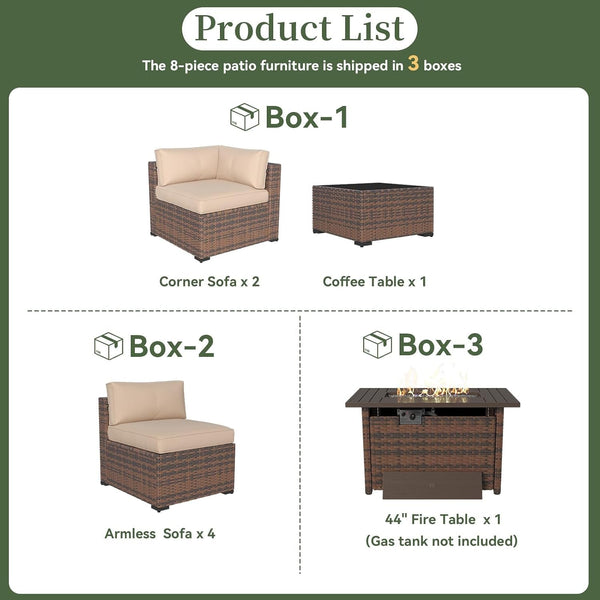 8 Piece Patio Furniture Set with 44" Fire Pit Table Wicker Rattan5