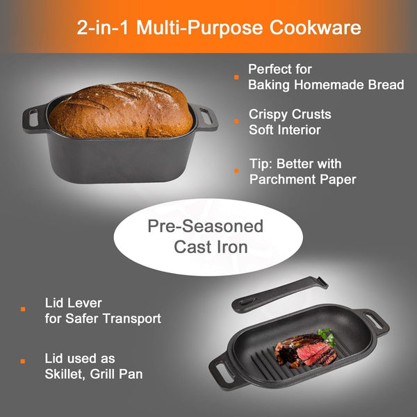 2-In-1 Pre-Seasoned Cast Iron Dutch Oven Pot with Lid as Skillet, Grill Pan, with Lid Lever, Dual Loop Handles, Oval Heavy Dutch Oven for Bread Baking, Frying, Camping, BBQ, 3.8 QT Black4