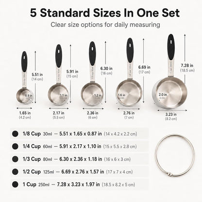5-Piece Stainless Steel Measuring Cups with Non-Slip Handles, Kitchen Measuring Cups for Dry & Liquid Ingredients, Cooking & Baking, 1/8, 1/4, 1/3, 1/2 & 1 Cup, Black2