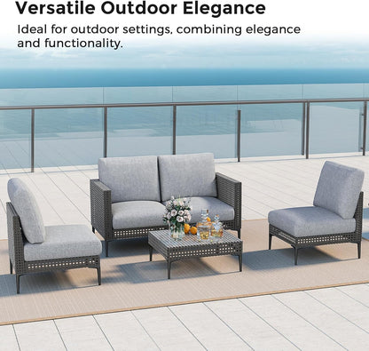 Patio Sofa Funiture Set 4 Seats, 5 Piece Rattan Sectional Sofa with Table8