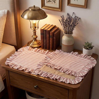 4 Pcs Striped Placemats with Ruffle, Red White Reversible Cotton6
