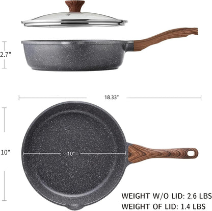 Nonstick Skillet, Deep Frying Pan 10/11/12-Inch, Saute Pan with Lid, Stay-Cool Handle, Healthy Stone Cookware Cooking Pan, Induction Compatible (10-Inch/3.5Qt)5