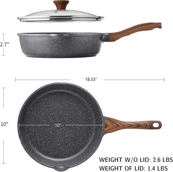 Nonstick Skillet, Deep Frying Pan 10/11/12-Inch, Saute Pan with Lid, Stay-Cool Handle, Healthy Stone Cookware Cooking Pan, Induction Compatible (10-Inch/3.5Qt)5
