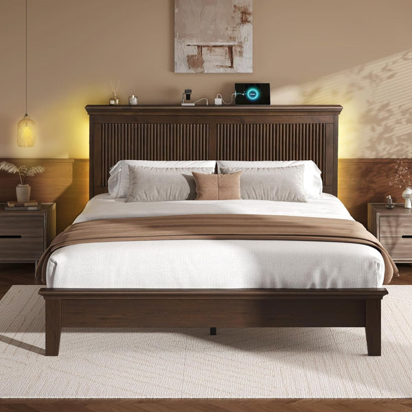 Wood Queen Bed, Solid Wood Bed with Tall Headboard, American Vintage Design, Queen Bed with Charging Station & RGB LED, Wood Slats Support, Noise-Free, Sturdy Structure, Easy Assembly, Walnut8