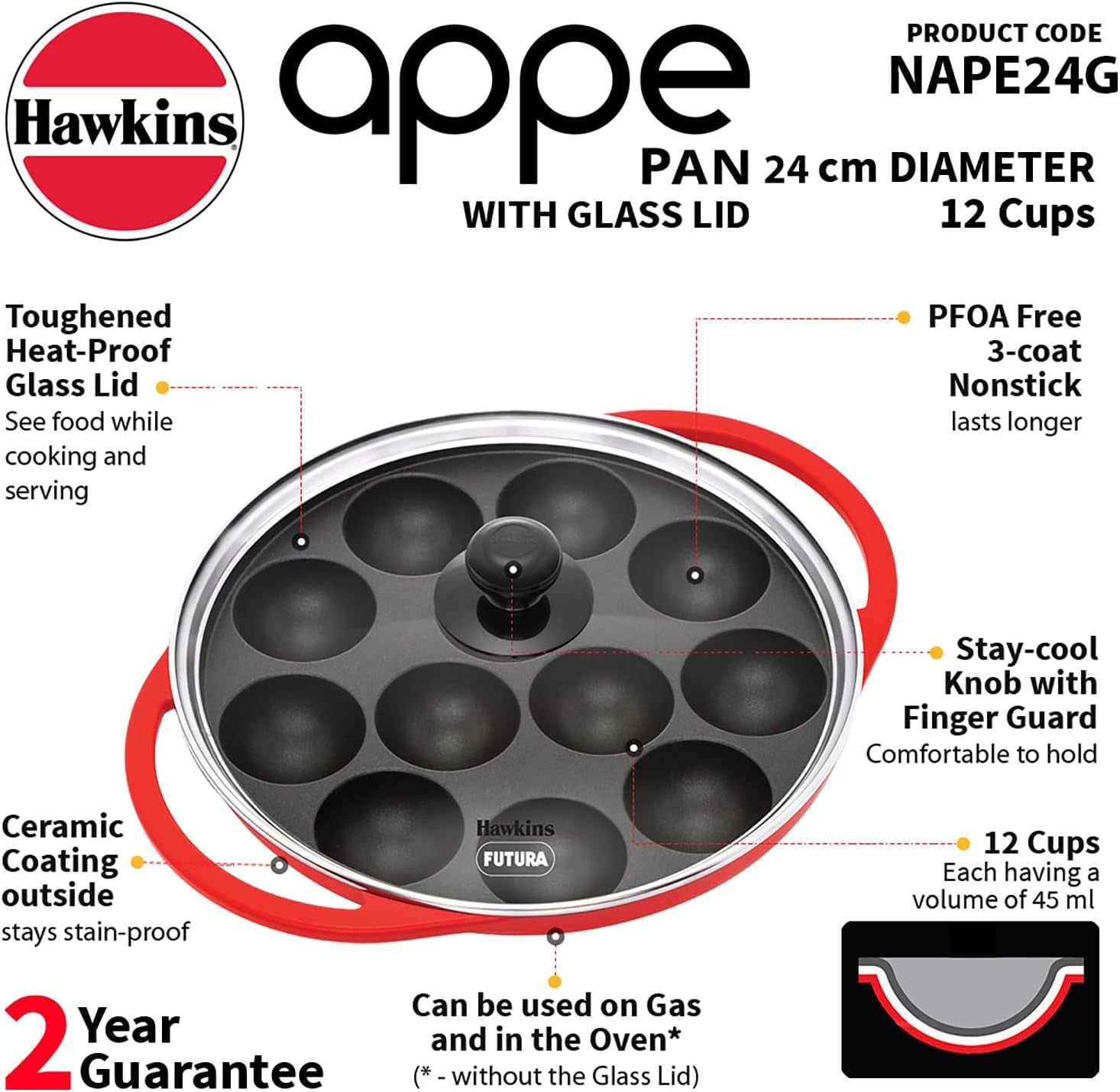 futura-24-cm-inside-diameter-appe-pan-26-cm-outer-diameter-non-stick-paniyaram-maker-with-glass-lid-12-cups-paniyarakkal-litti-kuzhi-paniyaram-ponganalu-red-nape24g