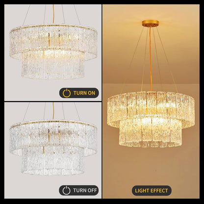 24" Gold Crystal Chandelier, 8-Light Glass Drum Light Fixture5